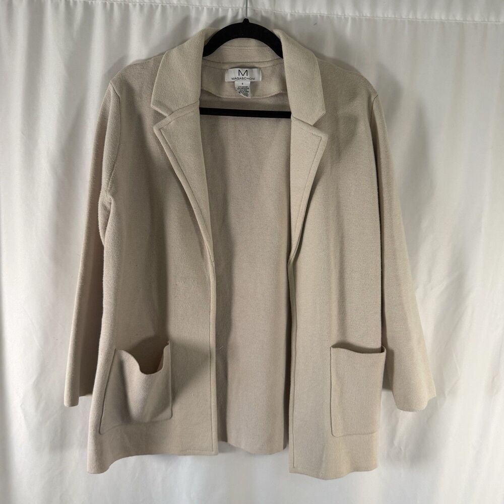 Magaschoni Wool Blend Cardigan Women's Small Ivory Open Front Collared Long Slv